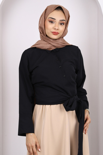 İmajButik Black Waist Tie Crop Shirt