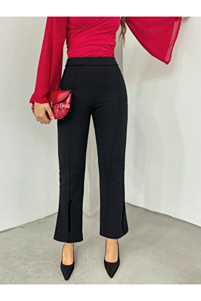 ALPACO Pantaloni spanioli material elastic cu talie elastică - negru