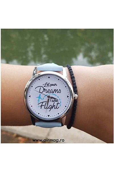 Skymag Ceas dama cu mesaj "Let your dreams take flight" curea albastra din piele ecologica, mecanism quartz
