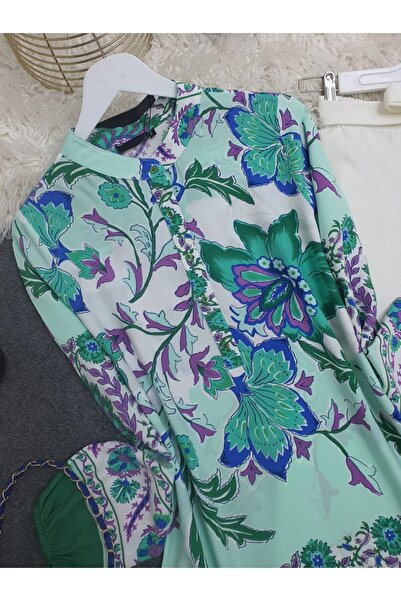 trend_ermege Floral Patterned Half Buttoned Cotton Viscose Tunic -Green -Collection