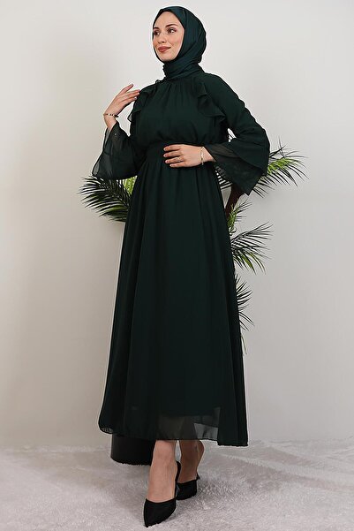 GİYZAMİLA Ruffle Chiffon Dress Emerald