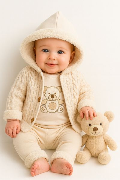 İZYALİF BABY Baby Boy Teddy Bear 3-Piece Knitwear Cardigan Set with Plush Detail Cotton