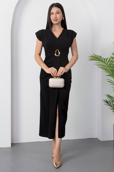 PULLIMM Double Breasted Collar Shoulder Padded Buckle Dress Ny3003