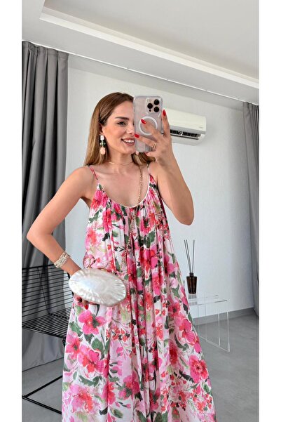 pelin yıldız butik İp Askılı Desenli Elbise