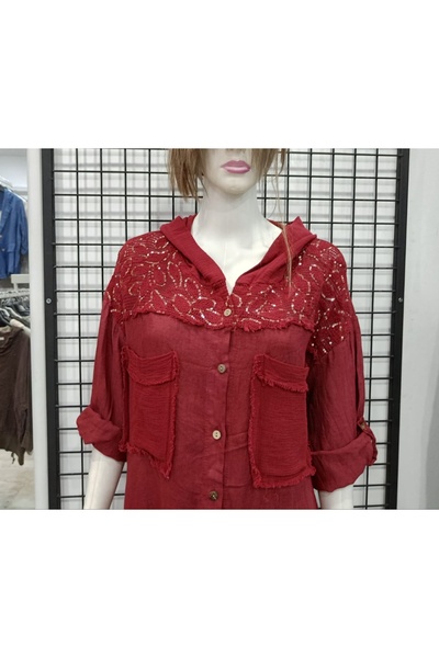 Butik Şans Italian Linen Jacket with Guipure Detail and Sequined Hood