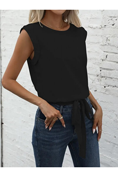 ALPACO Bluză din crep importat pentru femei, cu mâneci zero, cu detaliu de legare la tivul fustei -COLECȚIE