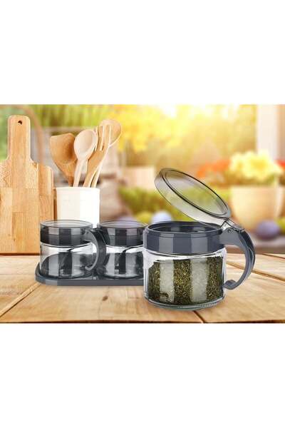 deryame Spice Set 3 Glass Spice Rack with Spoon and Stand