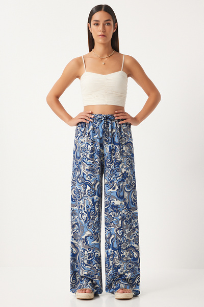 Lovelyİstanbul Patterned Flowing Viscose Palazzo Trousers Len0003 Indigo Blue