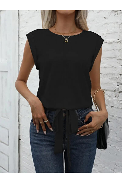 ALPACO Bluză din crep importat pentru femei, cu mâneci zero, cu detaliu de legare la tivul fustei -COLECȚIE