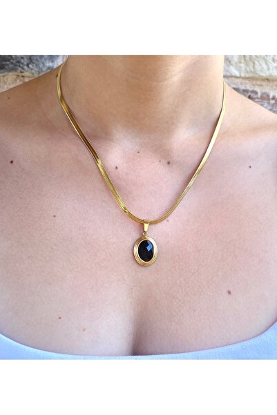 milayk Siyah Oval Taş Figürlü Çelik Kolye