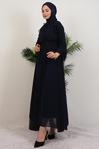 GİYZAMİLA Ruffled Chiffon Dress Navy Blue