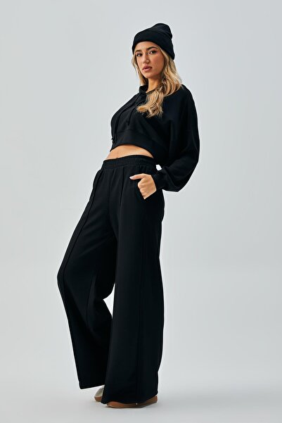 minaaise Women's Black Modal Hooded Sweatshirt and Elastic Waist Pants Bottom/Top Set 28031-1