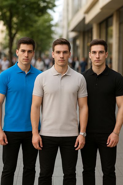 COMBİNE MİCHAİL Men's 3 Pack Basic Loose Polo Neck T-Shirt