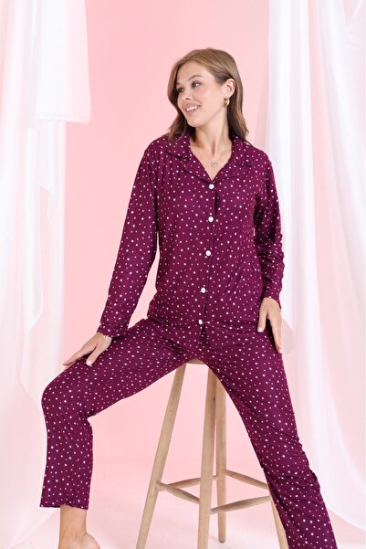 Elit Plum Little Star Front Buttoned Winter Suede Women's Pajama Set
