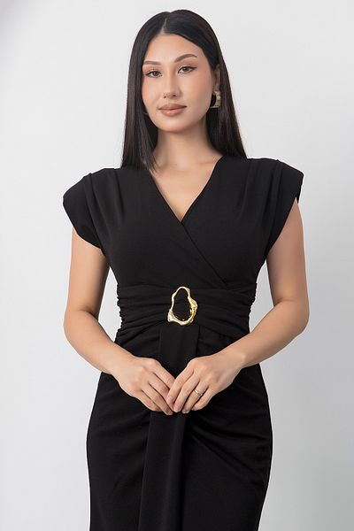 PULLIMM Double Breasted Collar Shoulder Padded Buckle Dress Ny3003