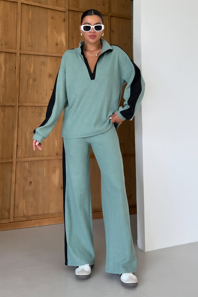 MODAGEN Women's Mint Green V Neck Black Line Detail Sweater Bottom-Top Pants Suit