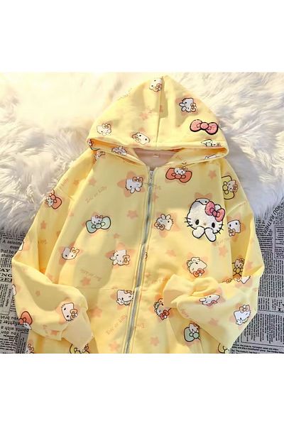 Touz Moda Kitty Detailed Zippered Hooded Cardigan
