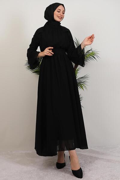 GİYZAMİLA Ruffle Chiffon Dress Black