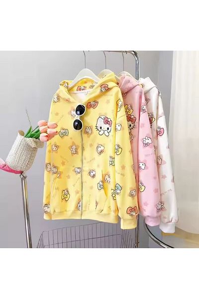 Touz Moda Kitty Detailed Zippered Hooded Cardigan