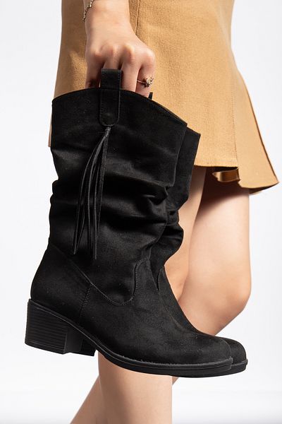 Entella Store Black Suede Boots with Drawstring Side Tassels