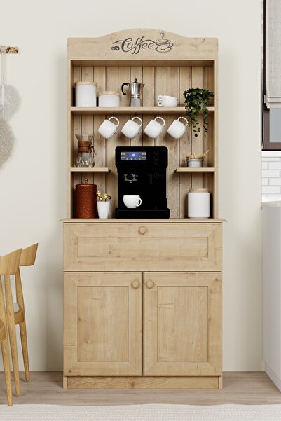 midoser Lucas 2 Kapaklı Çekmeceli Kahve Köşesi ve Çok Amaçlı Mutfak Dolabı - Safir Meşe