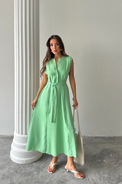 ALPACO Linen Dress Sleeveless Waist Tie Maxi Dress - Green
