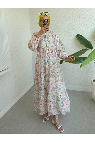 ALPACO Rochie Florală cu imprimeu cu mânecă elastică cu jumătate de nasture -G.Kurusu -COLLECTION