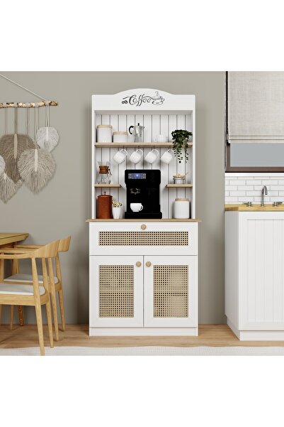 midoser Lucas 2 Kapaklı Çekmeceli Sarı Hasır Desen Kahve Köşesi Çok Amaçlı Mutfak Dolabı-Açık Ceviz & Beyaz