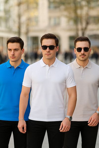 COMBİNE MİCHAİL Men's 3 Pack Basic Loose Polo Neck T-Shirt