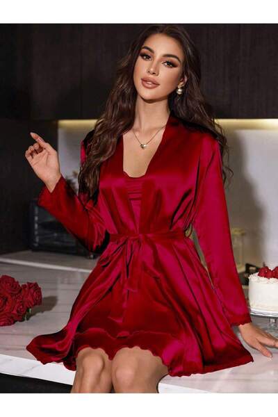 Jermo Women's Satin Binding Detail Morning Dress Nightwear Set 2 Pack