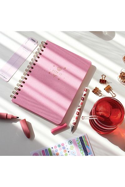 LiderGlobal . A5 Spiral Hard Cover Linen Line Undated Notepad Candy Pink 903970