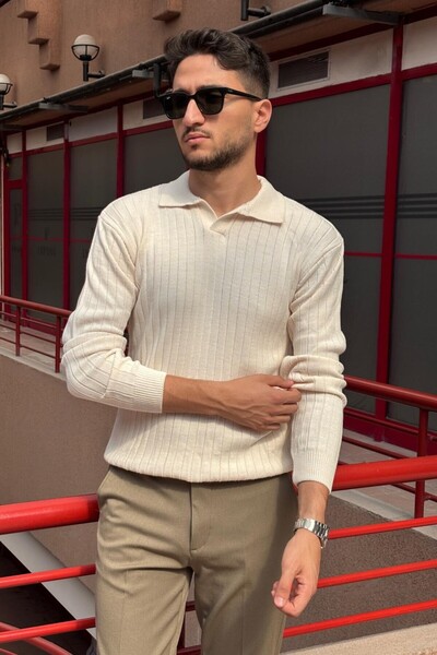 inpool Men'S, Old Money Culture, Line Look, Polo Collar, Knitwear Sweater Pltk09