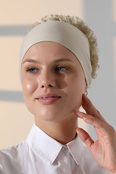 ihvan online Γυναικείο βολάν με κορδόνι Hijab Bun Bonnet - Κρέμα