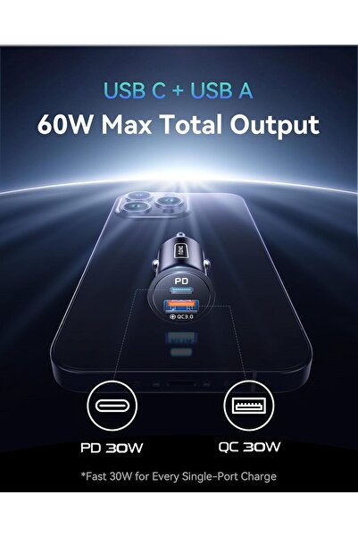 iniu Car Charger, 60W 5A 2-Port (USB-C + USB-A) PD & QC3.0 Fast Mini Car Charger