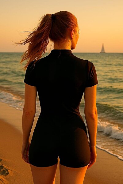 miss ledonna Zipper Detailed Swimmer Jumpsuit Shorts Swimsuit Sea and Pool Swimsuit Black