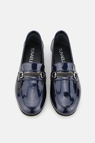 TUNAELLİ Women's Dark Blue Patent Leather Genuine Natural Leather 36-41 Number Buckle Ballet Flat