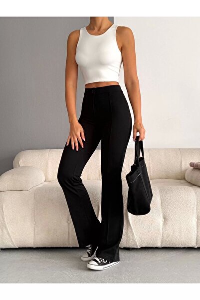 bysoca Kadın Siyah Yüksek Bel Günlük Önü Dikişli Likralı İspanyol Paça Tayt Pantolon