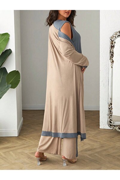 ModaSehle Plus Size 3-Piece Long Sleeve Cardigan Undershirt Bottom Stripe Viscose Suit