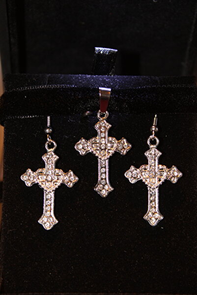 Mournbelle Gotik Kalp Detaylı Taşlı Parıltılı Haçlı Choker Seti