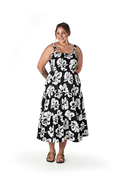 Stil Diva Plus Size Floral Pattern Thick Strap Elastic Waist Dress T-79