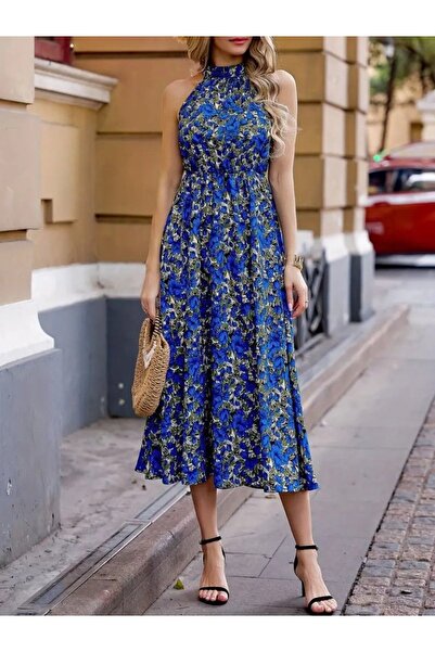 JANES Kadın Omuzlardan Açık Daire Yaka Desenli Maxi Süprem Elbise