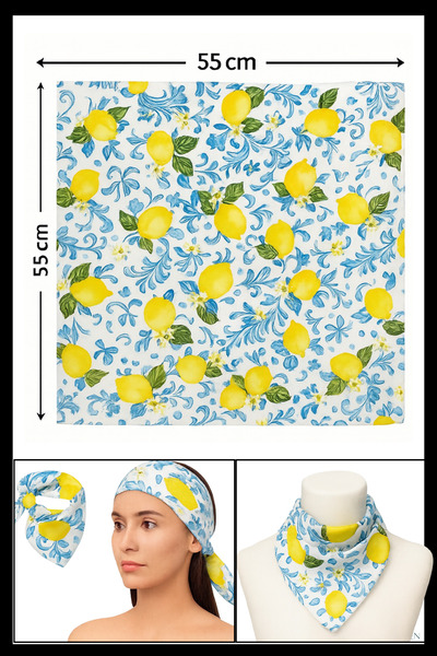 MAZEN Lemon Patterned Blue White Bandana Scarf |   55X55Cm |   Satin Square Scarf |   Women's Hair Accessory