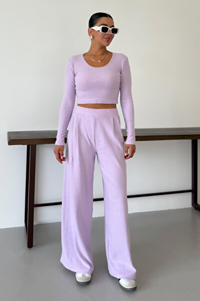 MODAGEN Women's Lilac Round Neck Blouse Bottom-Top Pants Interlock Set