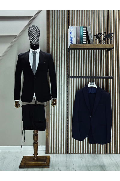 ATKGİYİM بدلة من الساتان الأسود مع بنطلون وسترة