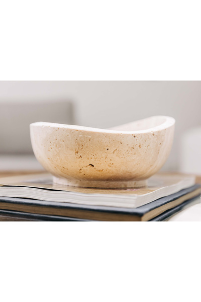 Milnoi El İşçiliği Mermer Kase,Siyah/Traverten Doğal Taş Dekoratif Sunumluk,S...