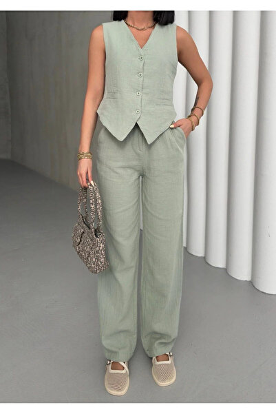 bysoca سترة نسائية بأزرار على شكل حرف V باللون الأخضر وسروال Palazzo عالي الخ...