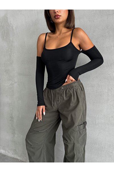 The Base Women's Black Scuba Shoulder Low-Cut Rope Strap Top