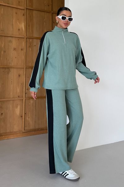 MODAGEN Women's Mint Green Stand Collar Half Zipper Thick Line Detailed Bottom-Top Set