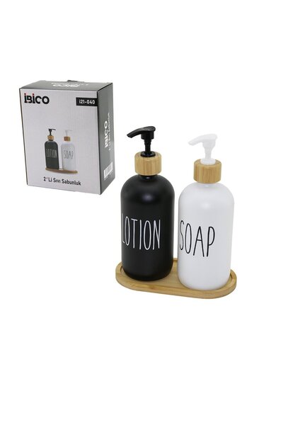 Light up 2-piece set glass liquid soap dispenser - lotion dispenser 2x500ml painted glass=black-white wooden bamboo base - lid