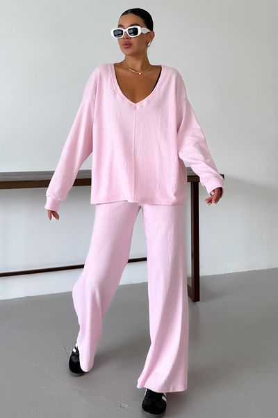 MODAGEN Set de pantaloni pentru femei, roz, cu decolteu în V, cu mâneci lungi